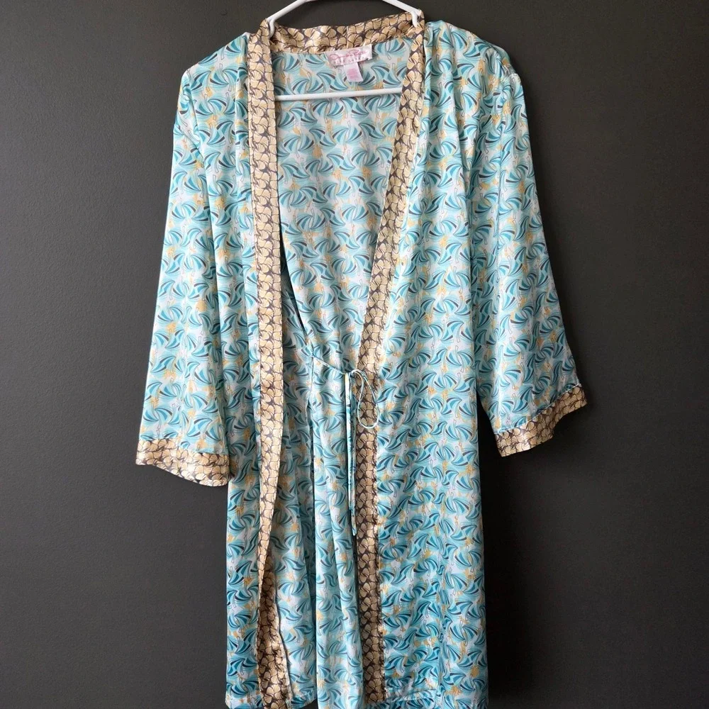 Oscar de‎ la Renta Pink Label Satin Robe S Turquoise Gold Fan Print Kimono Wrap